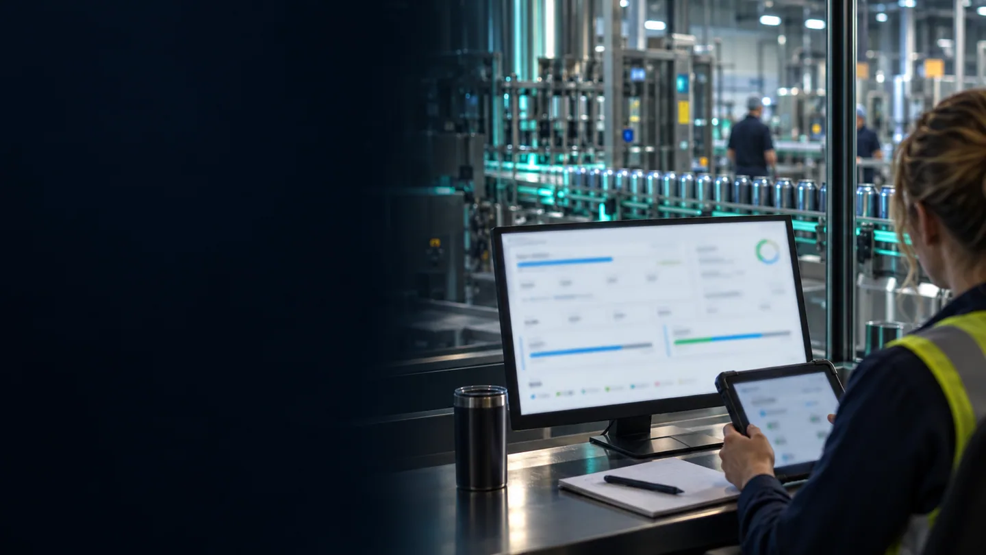 Planner reviewing beverage production on a monitor and tablet